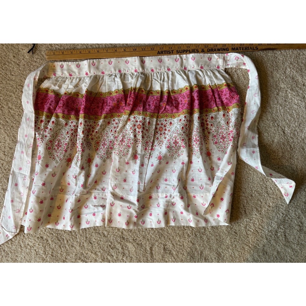 Vintage 1960s Handmade Floral Half Apron Pink Green White Cotton Kitchen Retro